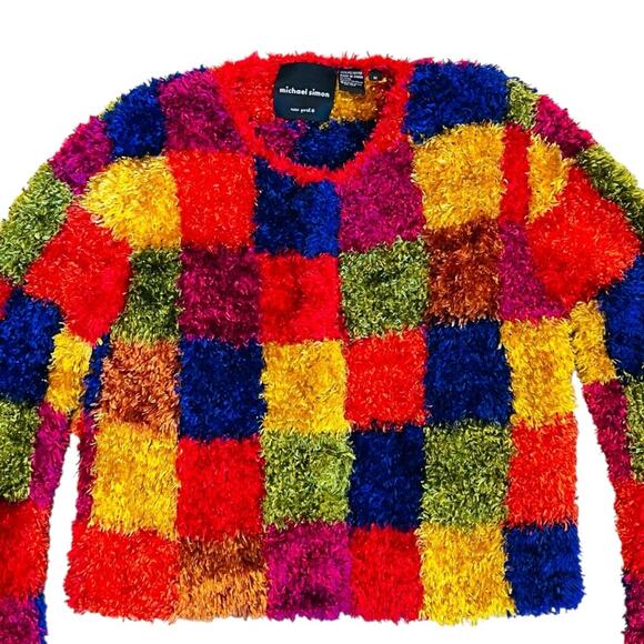 Michael Simon Vintage 90s Women’s Sz M Multicolor Shag Cardigan Sweater Whimsy - Picture 3 of 14